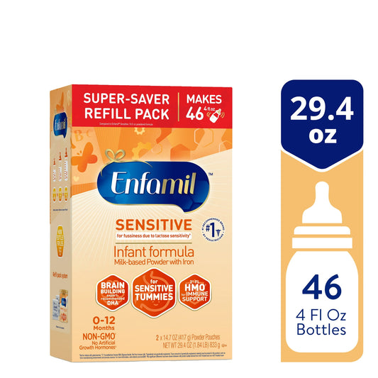 Sensitive infant formula packaging with details on quantity and size.