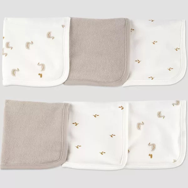 Set of 6 baby burp cloths with embroidered designs on a white background