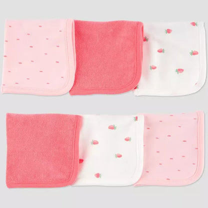 Set of 6 pink and white baby burp cloths with strawberry pattern on a light gray background