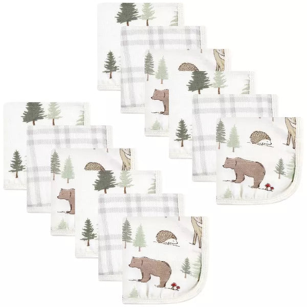 Set of baby burp cloths with forest animal patterns on a white background