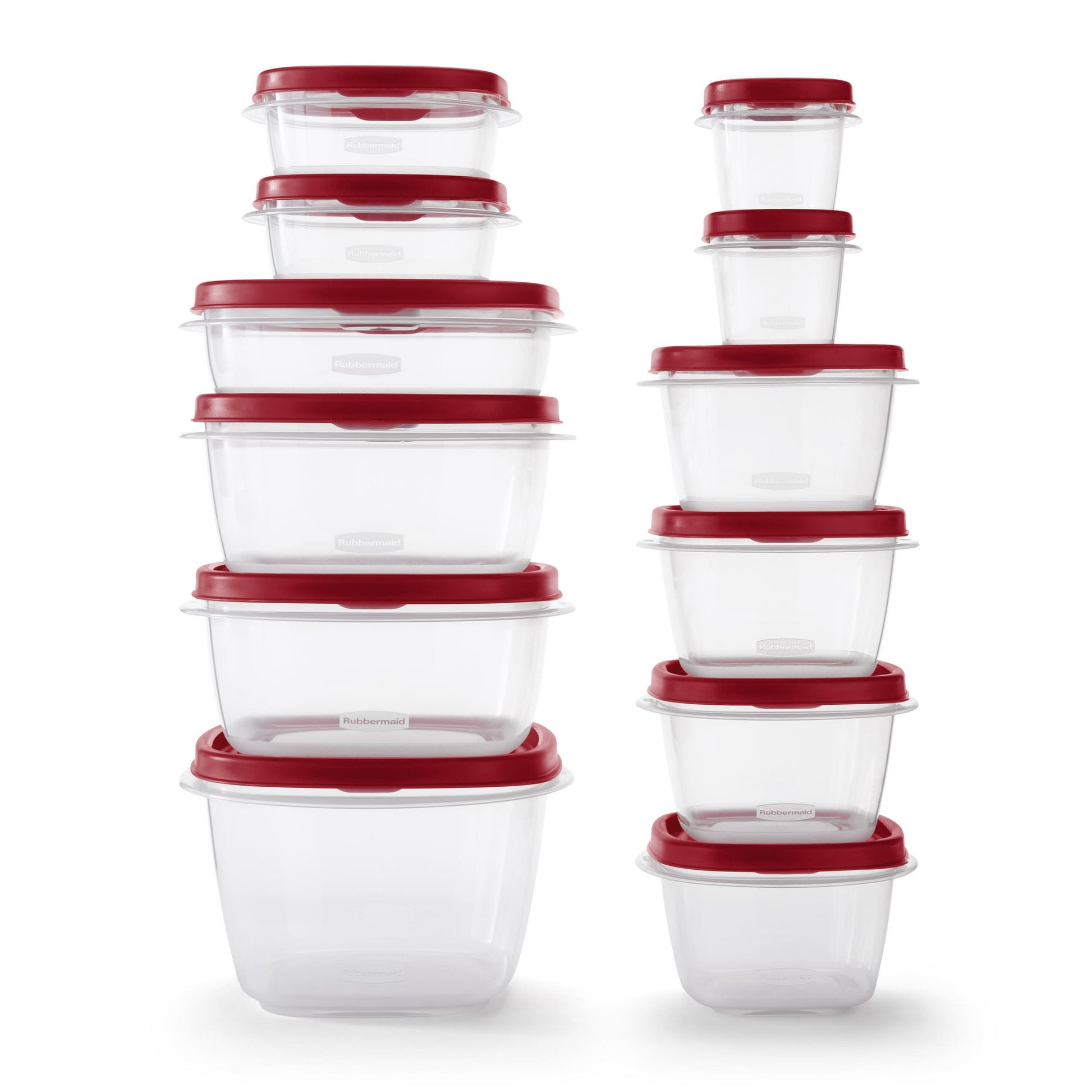 Set of clear food storage containers with red lids on a white background