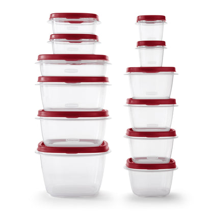 Set of clear food storage containers with red lids on a white background