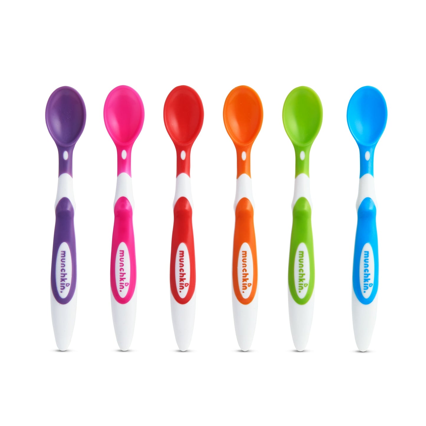 Set of colorful baby spoons with branding on a white background