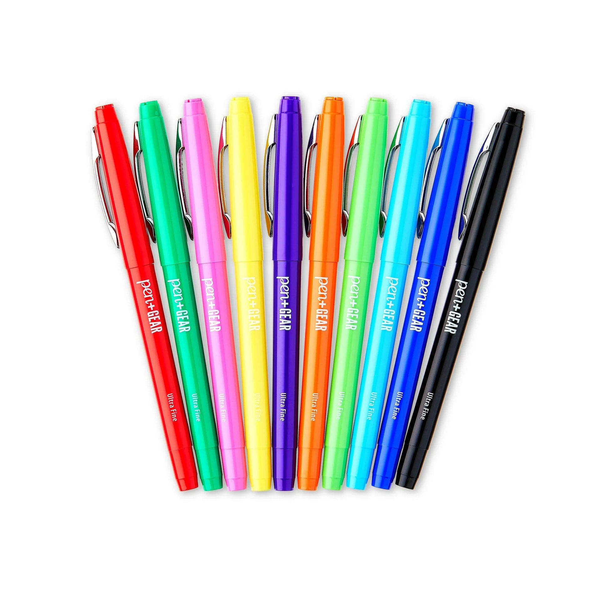Set of colorful pens with visible brand name on a white background