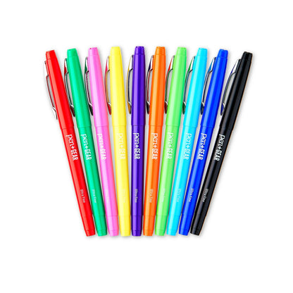 Set of colorful pens with visible brand name on a white background