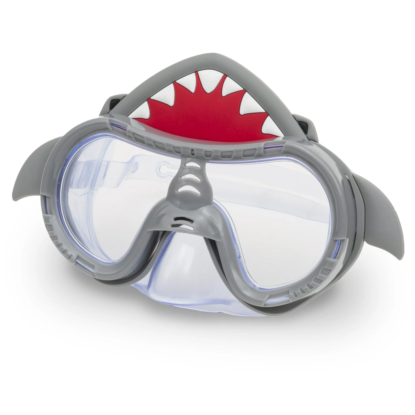 Shark-themed diving mask with gray frame and red mouthpiece on a white background
