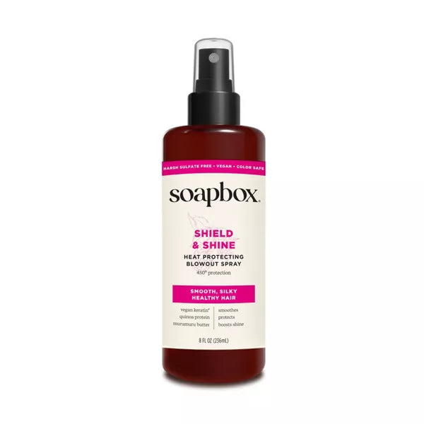 Shield & Shine heat protecting blowout spray bottle on a white background