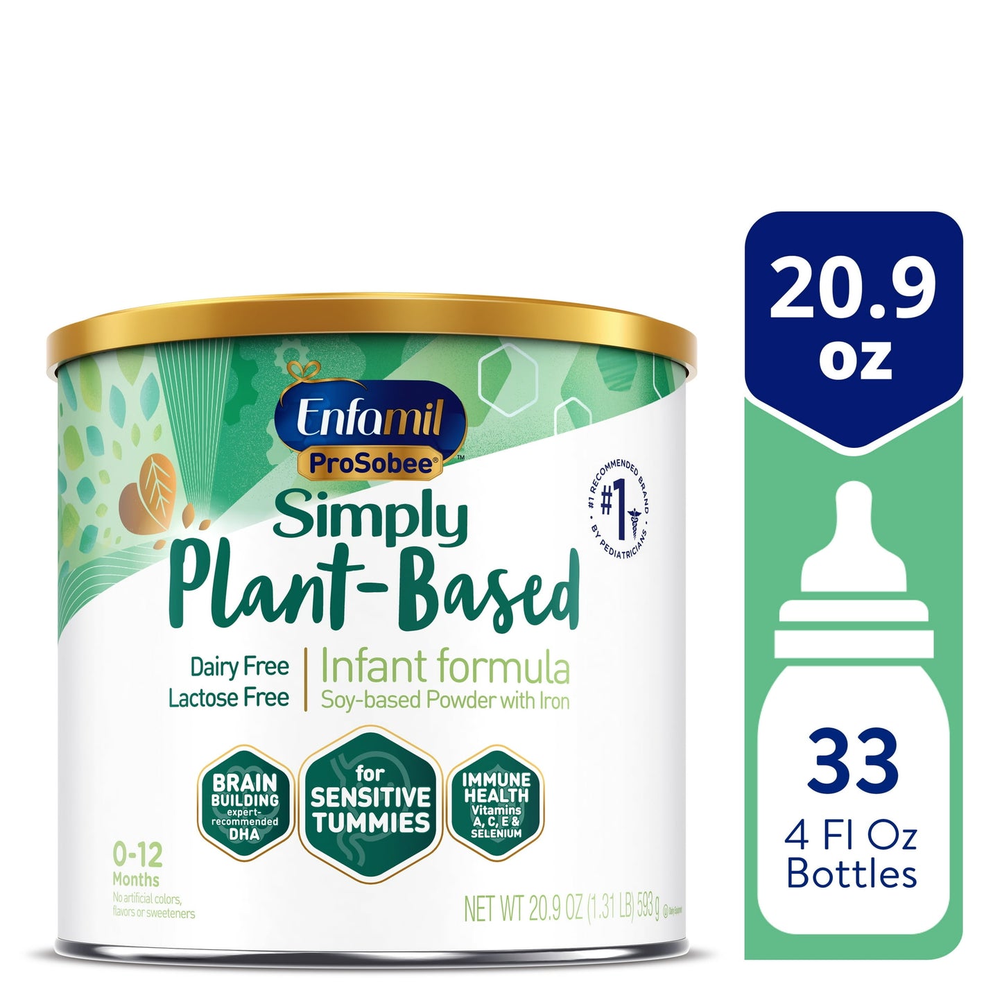 Simply Plant-Based infant formula can with packaging details on a white background