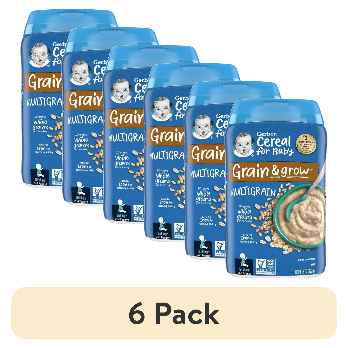 Six-pack of Cereal for Baby Multigrain cereal boxes on a white background