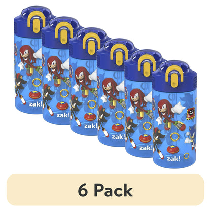 Six blue water bottles with cartoon character design on a white background