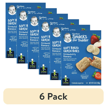 Six packs of Soft Baked Grain Bars with strawberry and banana flavor on a white background.