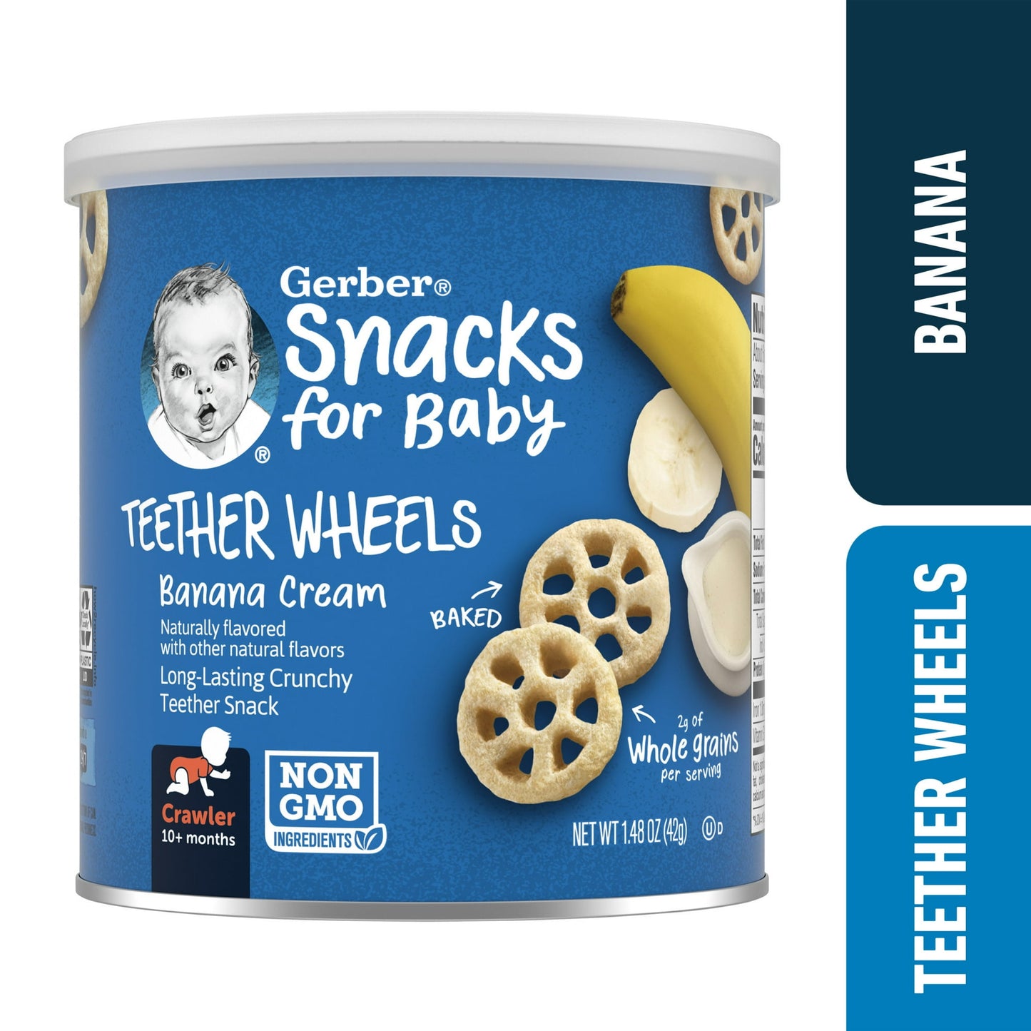 Snacks for Baby Teether Wheels Banana Cream container with blue label and baby image.