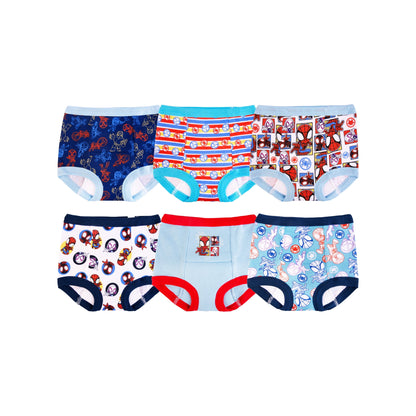 Six pairs of boys' character underwear with various superhero designs are displayed on a white background