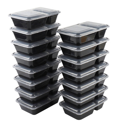 Stack of black food containers with clear lids on a white background