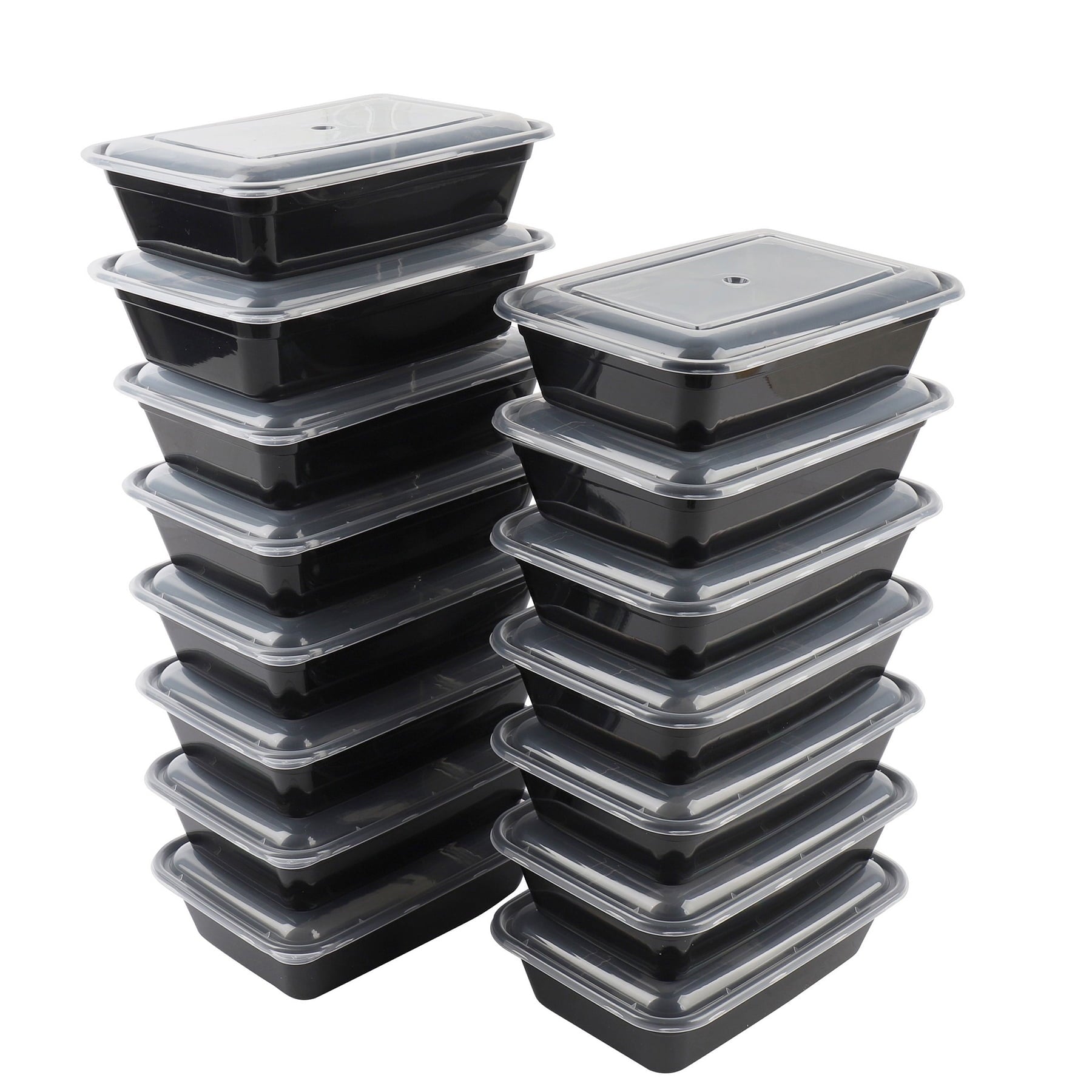 Stack of black food containers with clear lids on a white background