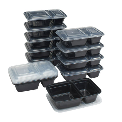 Stack of black food containers with clear lids 