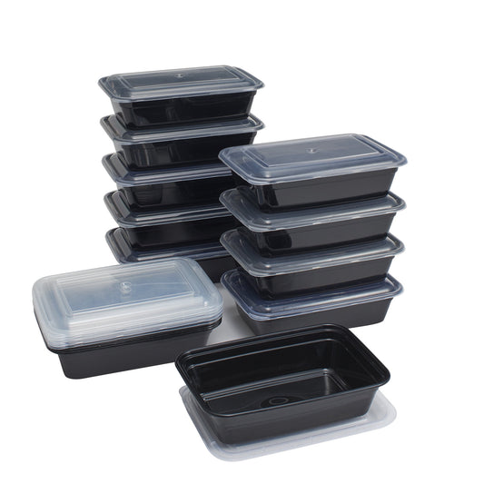 Stack of black food containers with clear lids 