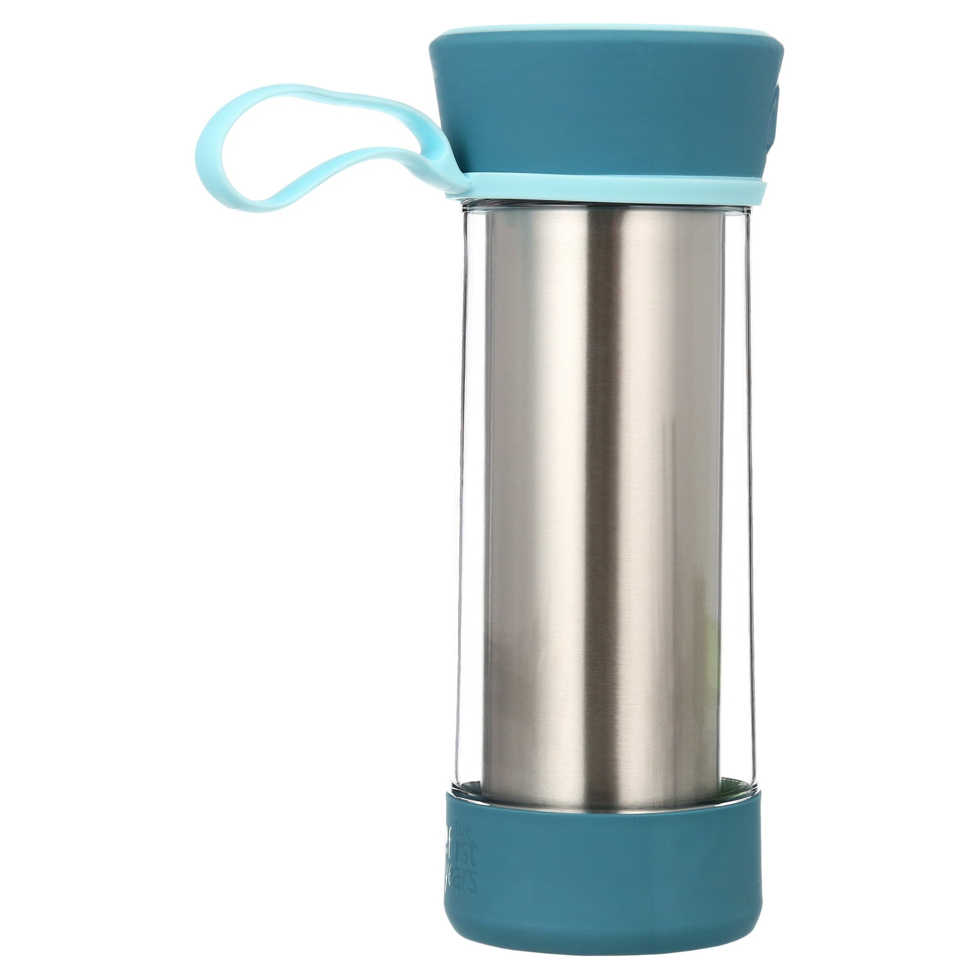 Stainless steel tumbler with blue silicone lid and handle on a white background