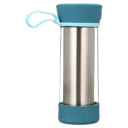 Stainless steel tumbler with blue silicone lid and handle on a white background