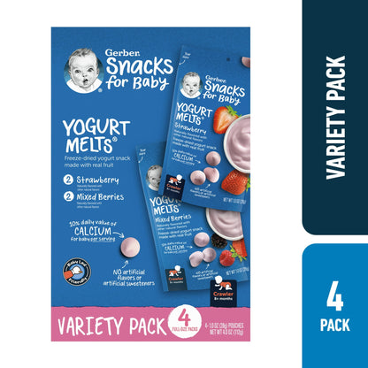 Strawberry and mixed berry yogurt melts for babies and toddlers, 1 oz packs, 4-count – freeze-dried yogurt snack, stage 3 variety pack.