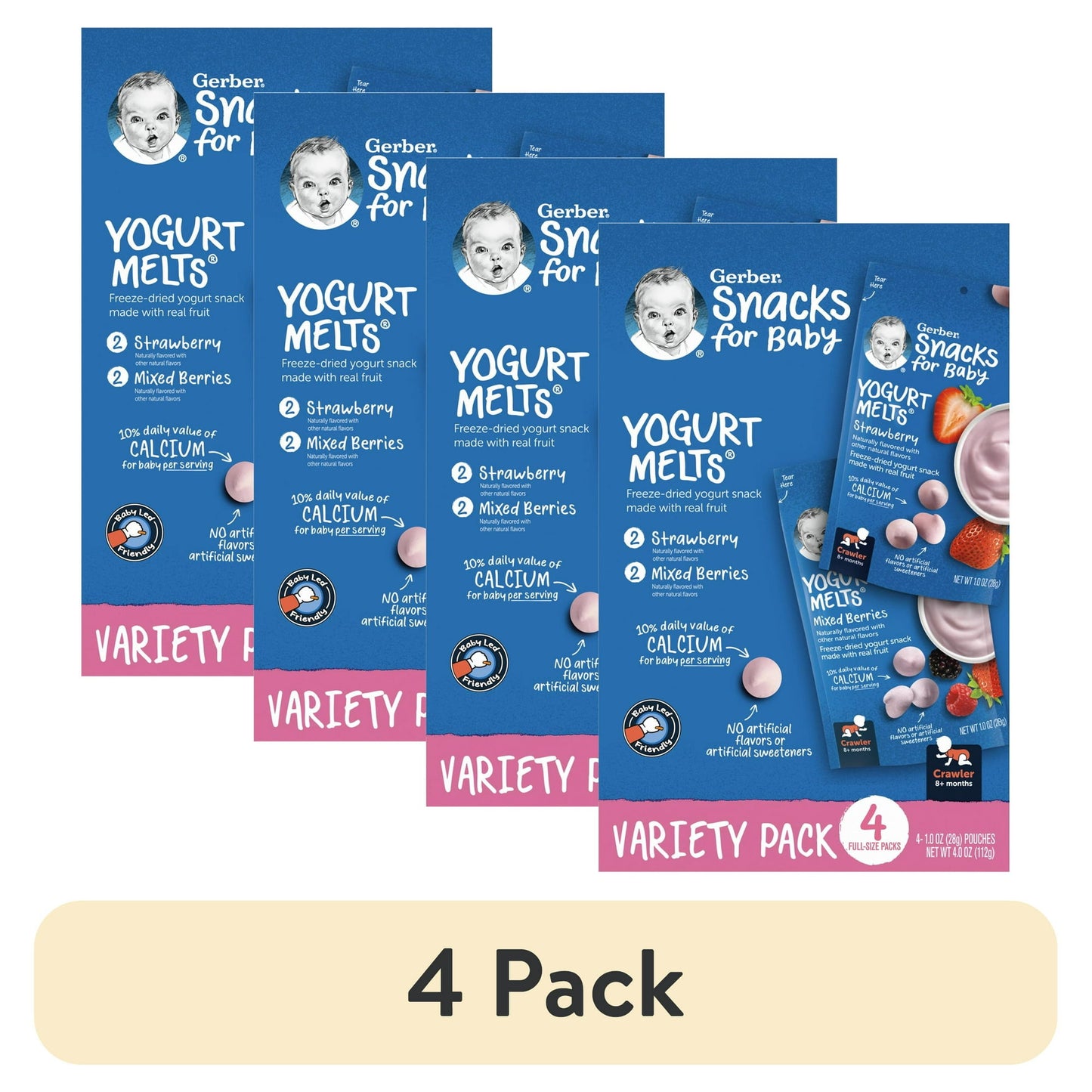 Strawberry and mixed berry yogurt melts for babies and toddlers, 1 oz packs, 4-count – melt-in-your-mouth snack, 4-pack variety.