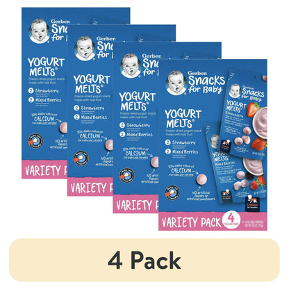 Strawberry and mixed berry yogurt melts for babies and toddlers, 1 oz packs, 4-count – melt-in-your-mouth snack, 4-pack variety.