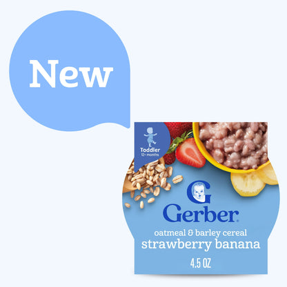 Strawberry banana oatmeal and barley cereal – 4.5 oz serving of wholesome toddler breakfast.