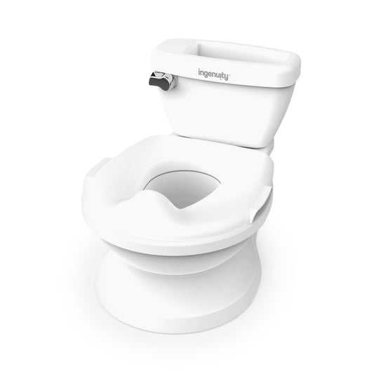 White toddler potty training toilet with a seat and tank with white background