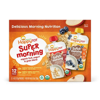 Super Morning organic fruit, yogurt, and grain blend packaging on a white background