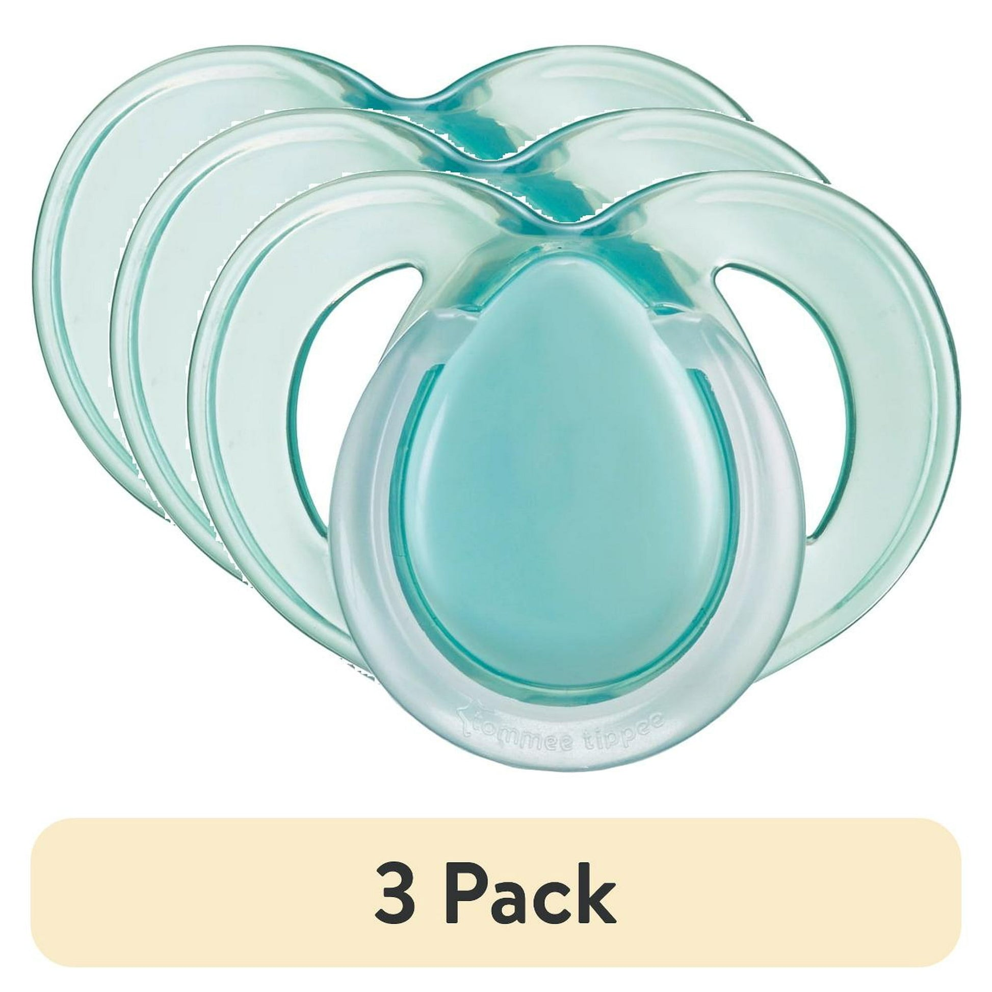 Three-pack of teal baby pacifiers on a white background