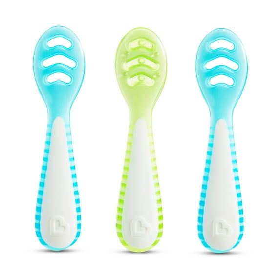 Three baby spoons with blue and green handles on a white background