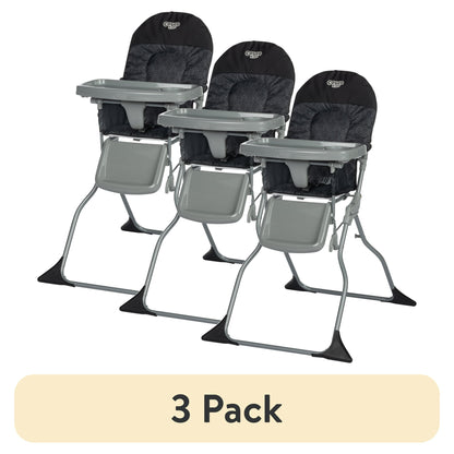 Three black high chairs with a beige banner indicating '3 Pack' on a white background