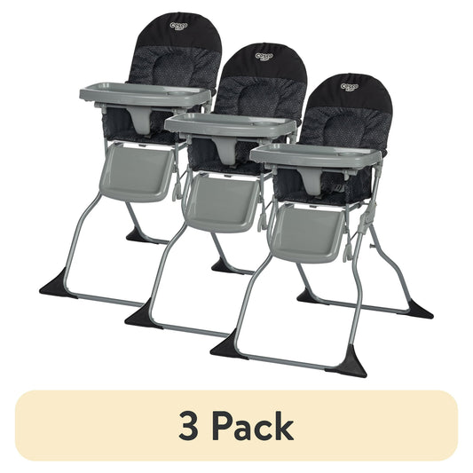 Three black high chairs with a beige banner indicating '3 Pack' on a white background