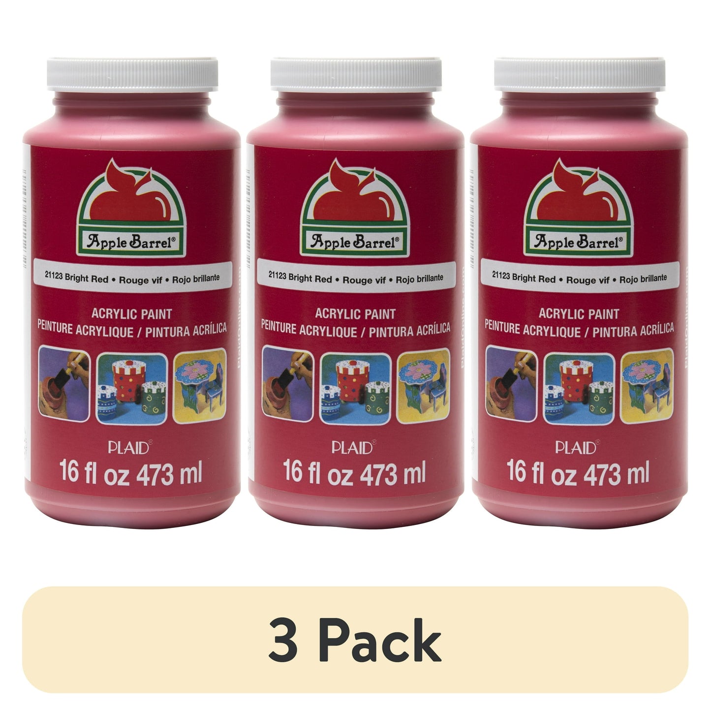 Three bottles of acrylic paint in bright red color with a beige banner indicating '3 Pack'.