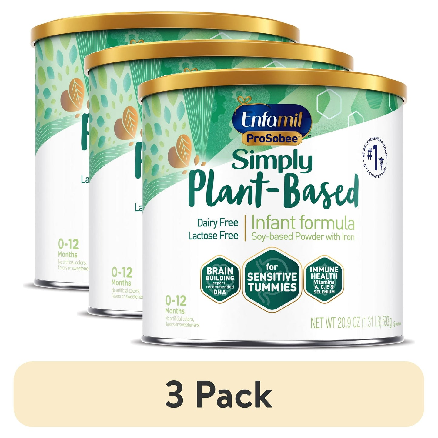 Three cans of Plant-Based infant formula on a white background