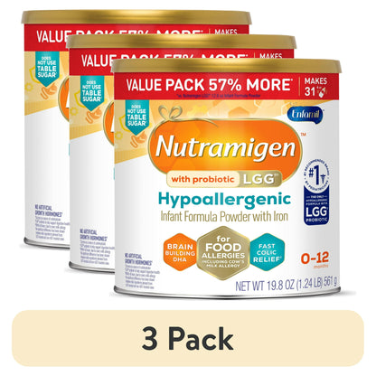 Three cans of hypoallergenic infant formula with a '3 Pack' label on a white background.