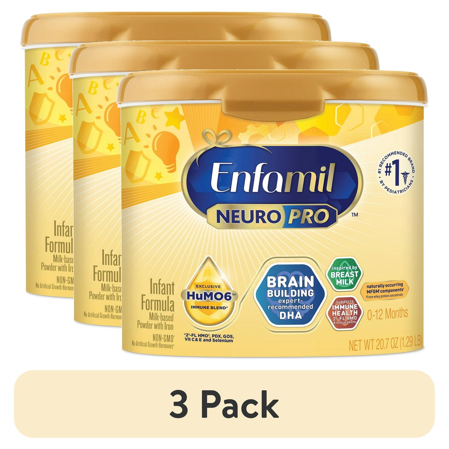 Three cans of infant formula with packaging details on a white background