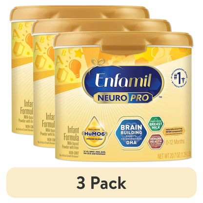 Three cans of infant formula with packaging details on a white background