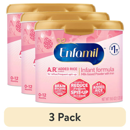 Three cans of infant formula with pink and gold packaging on a white background.
