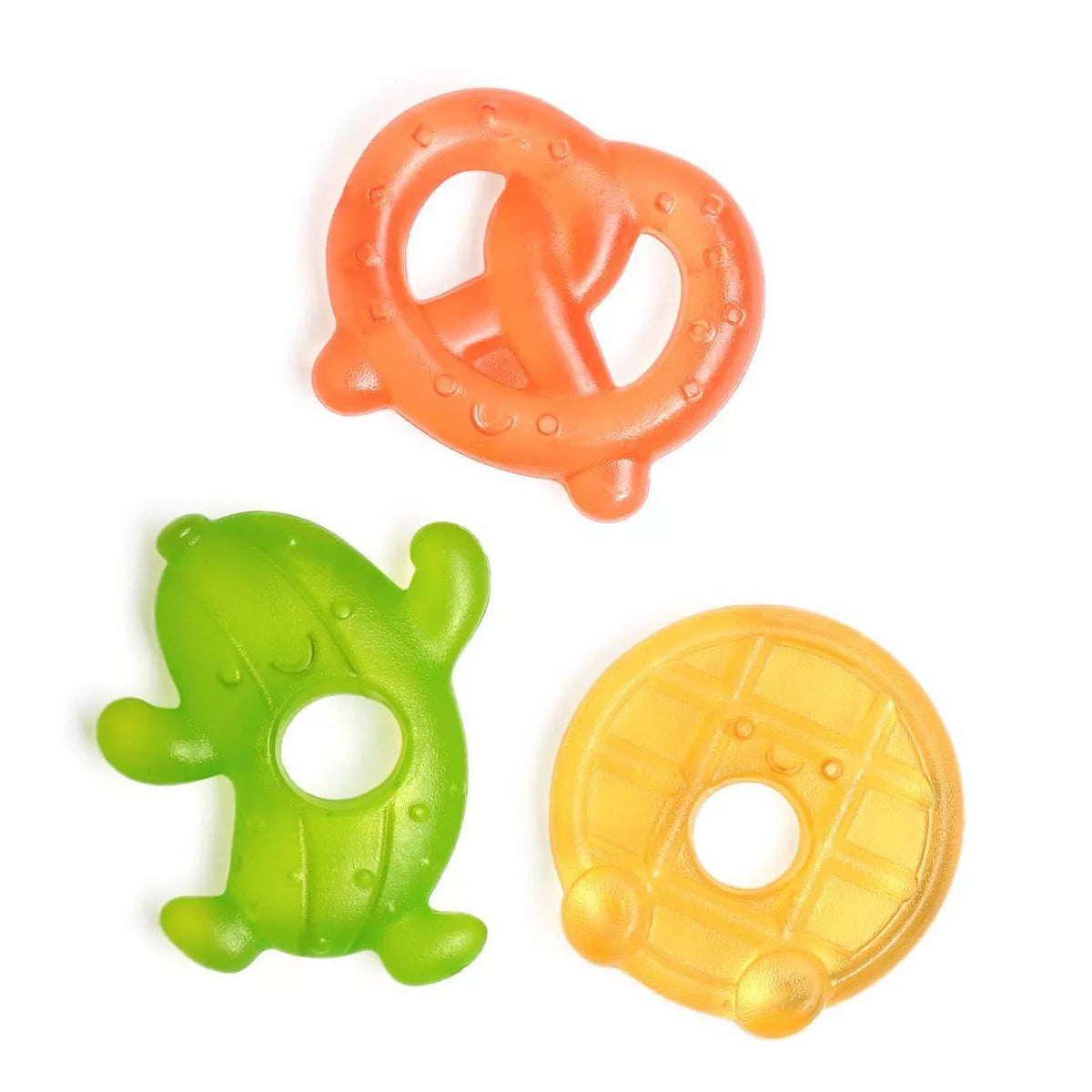 Three colorful baby teething rings on a white background