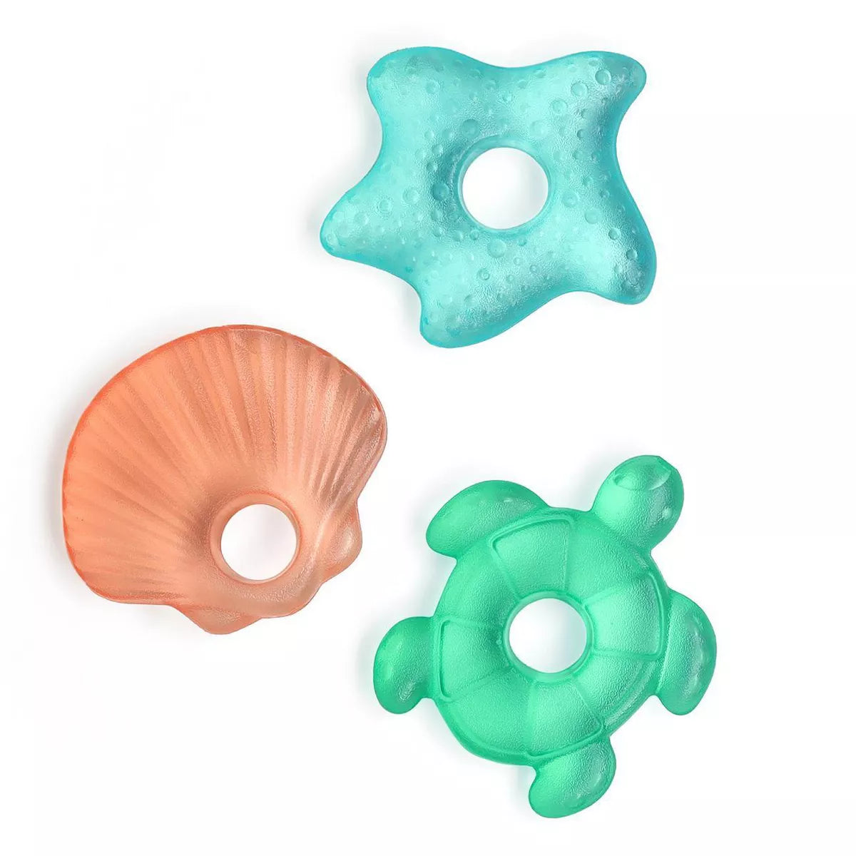 Three colorful silicone teething toys shaped like a star, shell, and turtle on a white background.