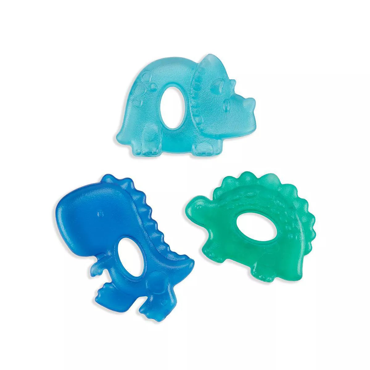 Three dinosaur-shaped teethers in blue and green on a white background