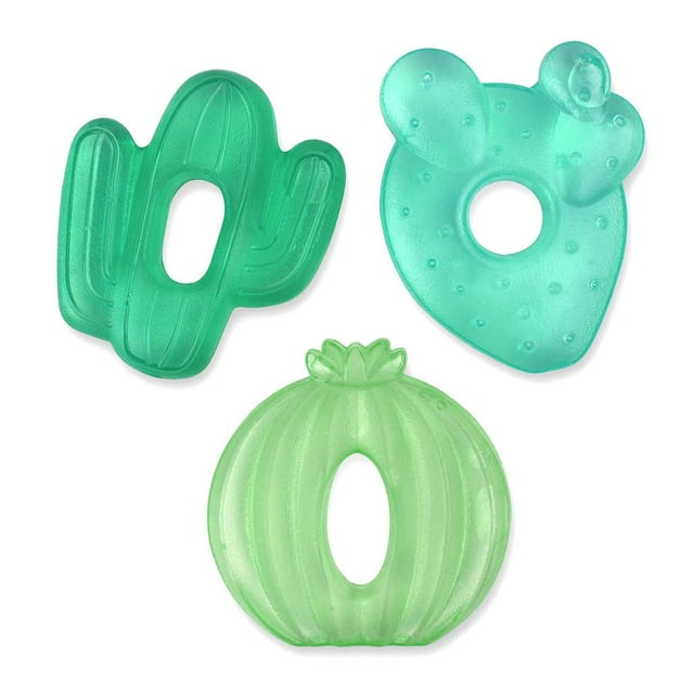 Three green silicone teething rings shaped like a cactus, bear, and pineapple on a white background.