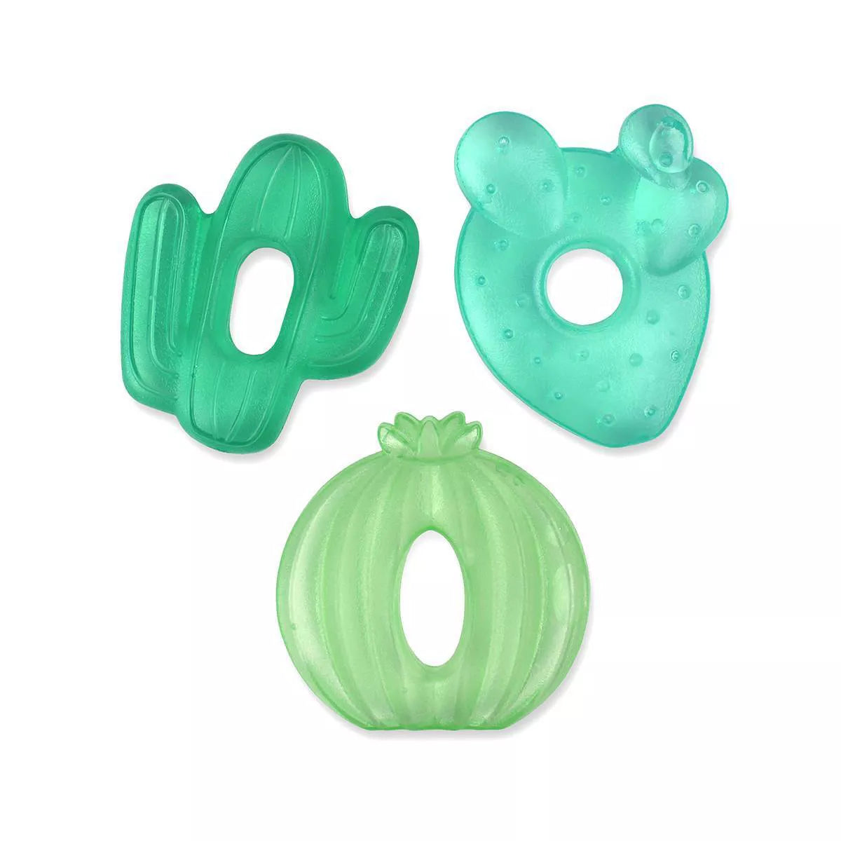Three green silicone teething rings shaped like a cactus on a white background.