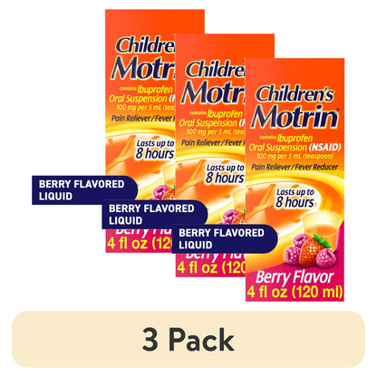Three packs of Children's pain reliever /  fever reducer, Berry Flavored Liquid on a white background