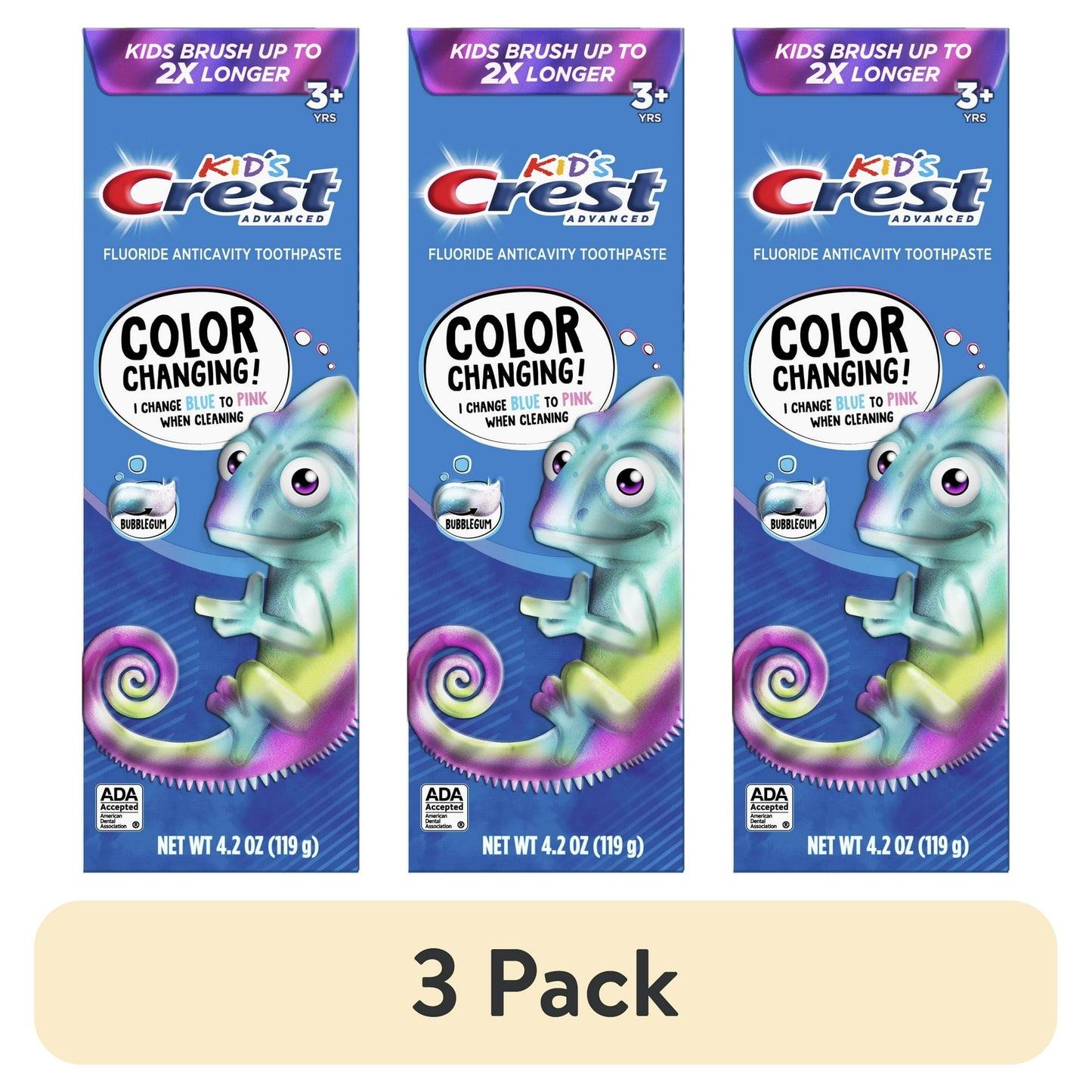 Three packs of Kids' Advanced Fluoride Anticavity Toothpaste with a chameleon character on a white background.