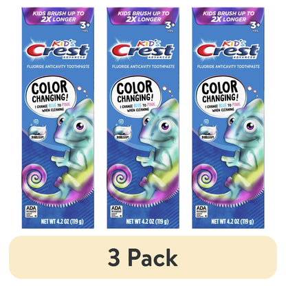 Three packs of Kids' Advanced Fluoride Anticavity Toothpaste with a chameleon character on a white background.