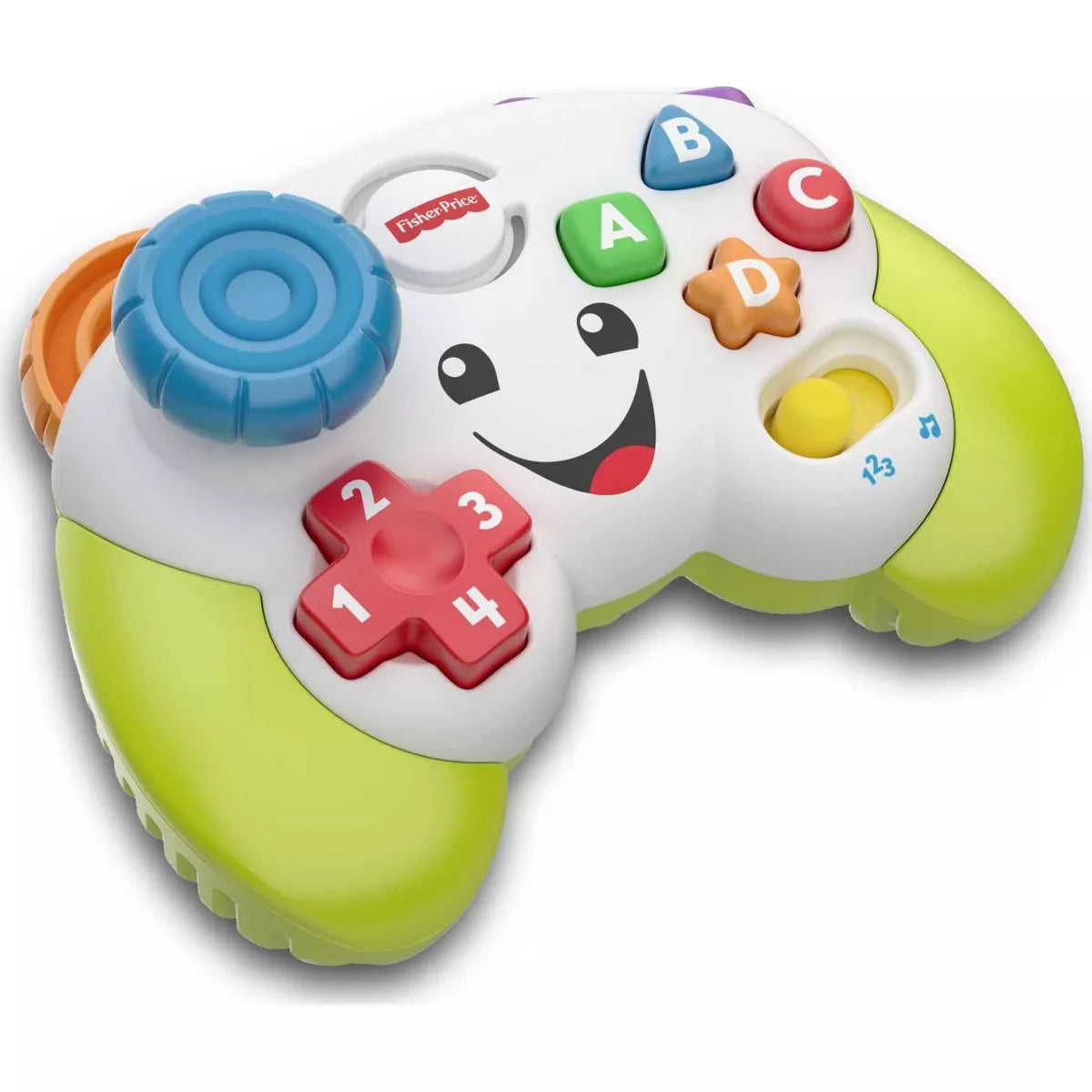 Toy controller with colorful buttons and a smiling face on a white background