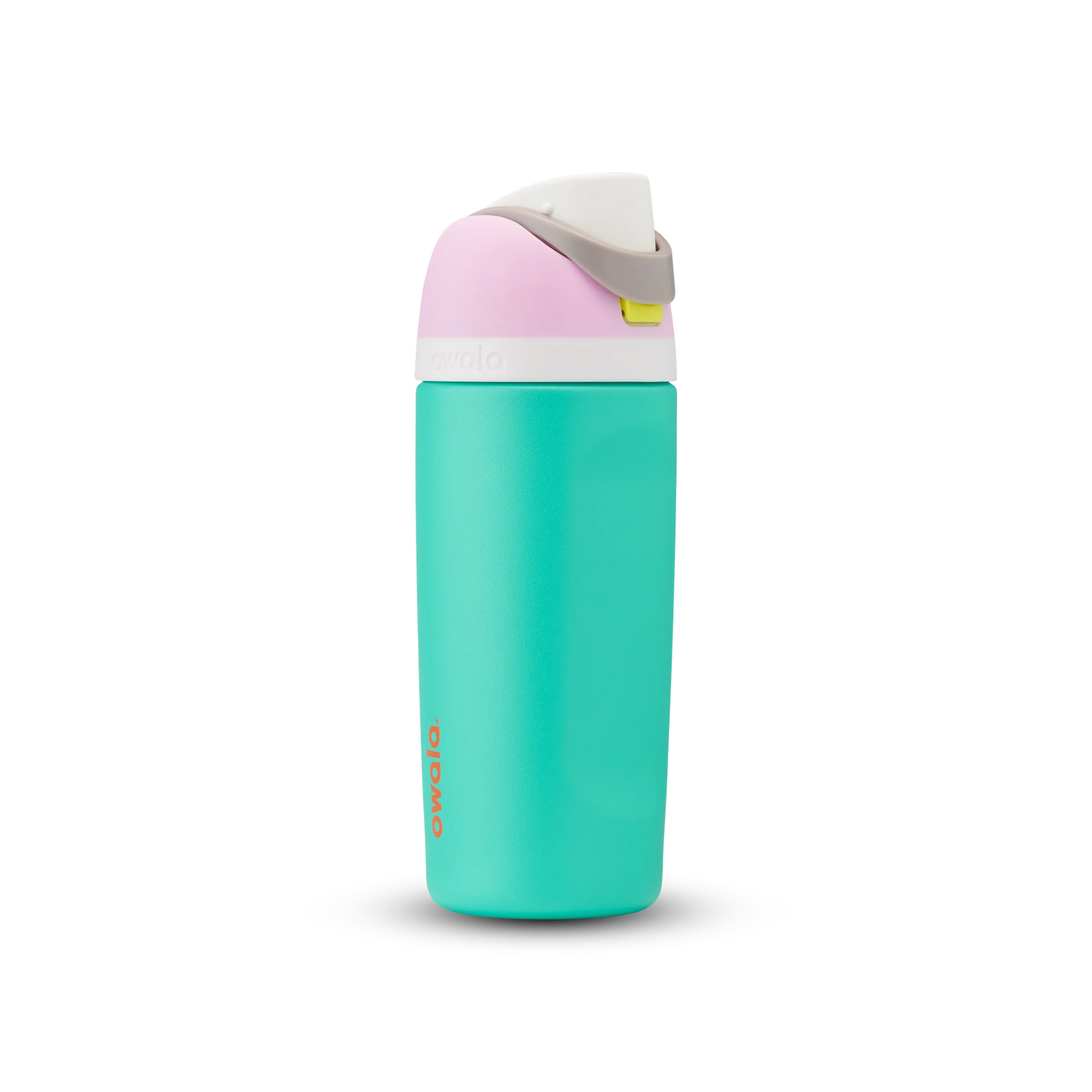 Turquoise water bottle with a pink and gray cap on a white background