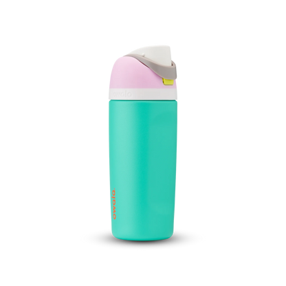 Turquoise water bottle with a pink and gray cap on a white background